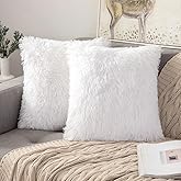 ANRODUO Pack of 2 White Throw Pillow Covers Luxury Fluffy Pillows Faux Fur Decorative Pillows Plush Cushion Case Fuzzy Mongolian Merin Style for Bed Couch Sofa Living Room Spring Decor 16x16 Inch