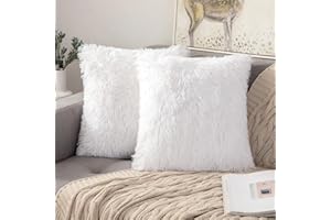 ANRODUO Pack of 2 White Throw Pillows Luxury Fluffy Pillows Faux Fur Decorative Pillows Plush Cushion Case Fuzzy Mongolian Merin Style for Bed Couch Sofa and Living Room Fall Home Decor 18x18 Inch