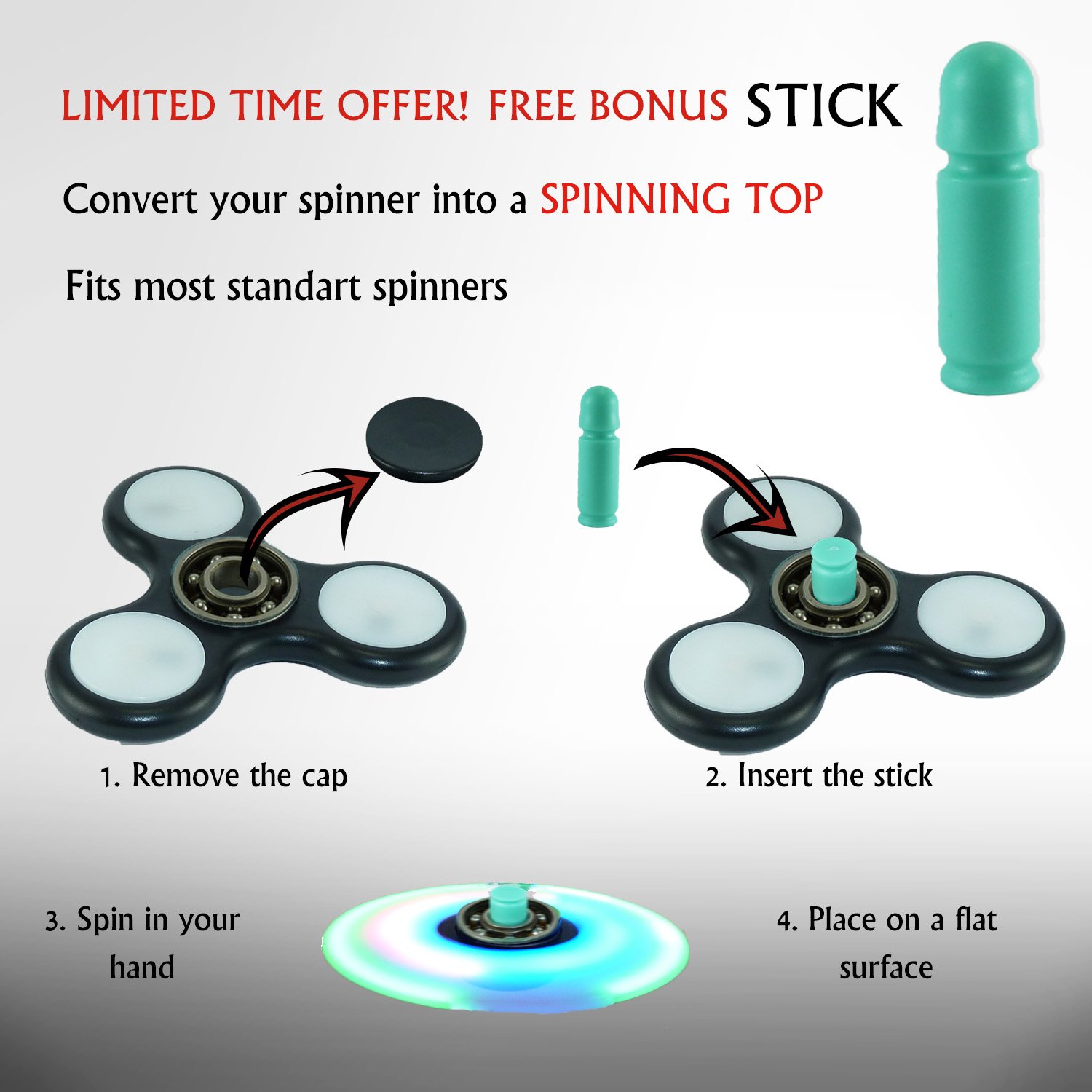 Best Fidget Spinner Set, Including 3 Spinners: LED Fidget Spinner, Blue High Speed Tri Spinner, Flower Spinner for Small Hands and the New Fidget Stick Toy. 2 Free Surprising Bonuses Inside!