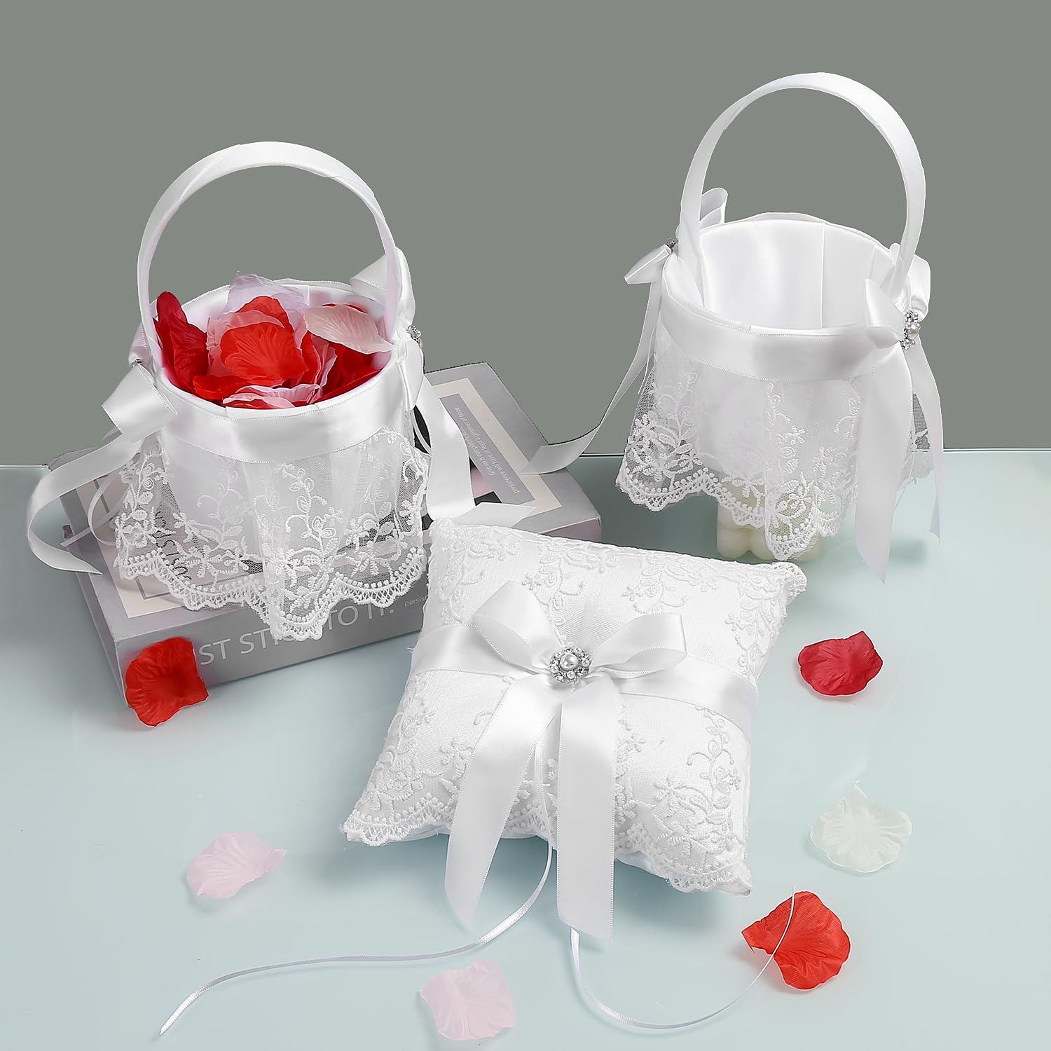 Photo 1 of TRUE LOVE GIFT 2 Flower Girl Baskets and Ring Bearer Pillow Set with 500 pcs Silk Rose Petals for Weddings, Set of 4
