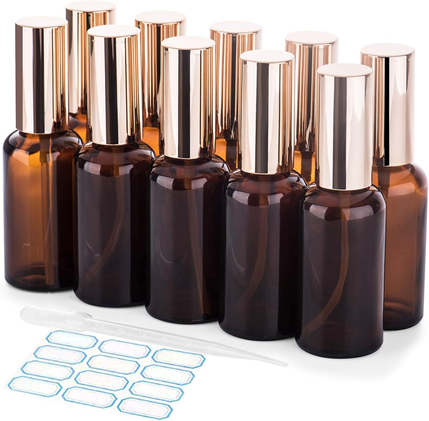 Small Glass Spray Bottles 50ml, Empty Glass Bottle Labels for Essential Oils, Amber Glass Spray Bottles 10 Pack