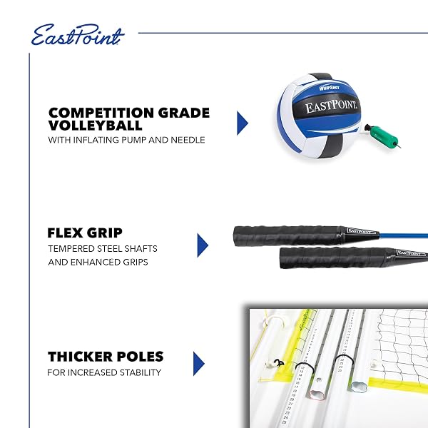 EASTPOINT 2-IN-1 VOLLEYBALL NET & BADMINTON SET – BLACK STEEL POLES – EASY SETUP FOR BEACH & CAMPING GAMES – PORTABLE VOLLEYBALL NET – INCLUDES 4 BADMINTON RACKETS & SHUTTLECOCKS FOR OUTDOOR GAMES