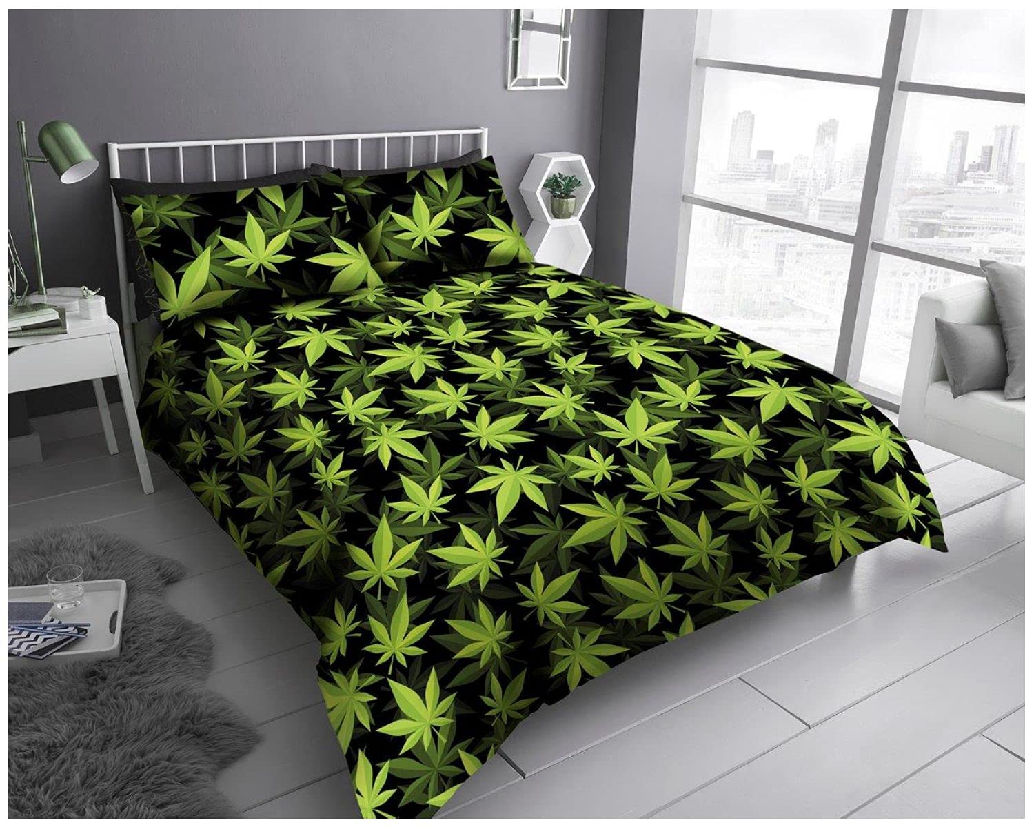 GC GAVENO CAVAILIA Luxury Super Soft Duvet Cover, Poly Cotton Linen Easy Care Quilt Bedding Set, Polycotton, Black/Green-Leaf, Single