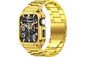 MioHHR Stainless Steel Band and Case Compatible with Apple Watch Band 41mm 40mm 38mm, Men Metal Protective Bumper Cover for iWatch Series 9/8/7/6/5/4/3/2/1/SE/SE2/SE3, Gold