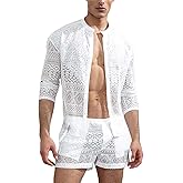 EndoraDore Men's 2 Pieces Shirt Sets Sexy Lace See Through Long Sleeve Casual Button Down Shirts and Shorts Tracksuit