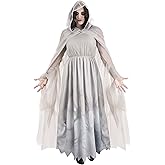 "Women's Lady in White Ghost Halloween Costume - Polyester Dress, Chiffon Overlay, Hooded Cape"