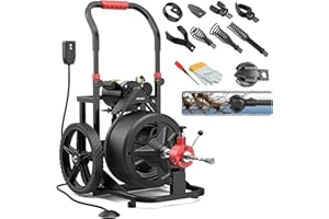 100 ft x 1/2 inch POPULO Auto Feed Electric Drain Snake Auger for 2 to 4 Inch Pipes, Sewer Plumbing Snake Auger, Heavy Duty Drain Cleaner Machine with 8 Cutters & 1 Root Killer & Gloves