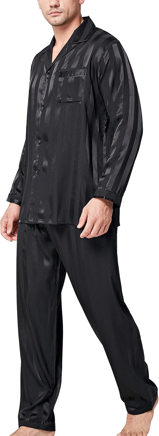 Lonxu Pajamas Set Mens Silk Satin Pajamas Long Sleeve Loungewear Two-Piece Sleepwear Button-Down Pj Set S-XXXXL at  Men’s Clothing store