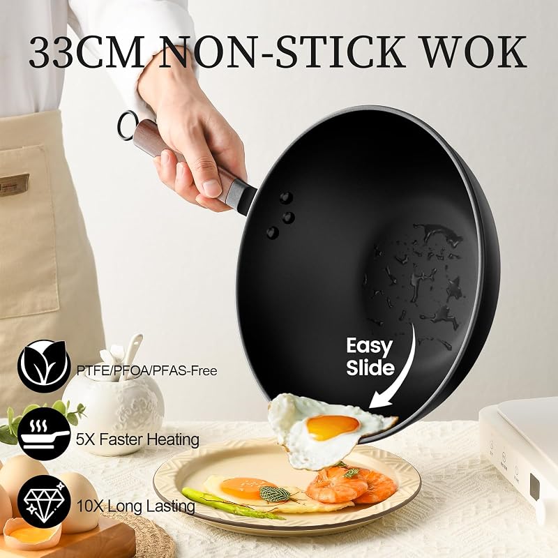 33cm/13inch Premium Wokpfanne mit Glasdeckel - Kohlenstoffstahl Wok ohne chemische Beschichtung, Ideal für Asiatische Küche, Induktionstauglich für Gasherd, Elektro- und Ceranfeld — Foto 2 von 7