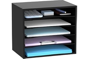 SHARKWOODS 5-Tier Paper Organizer for Desk, Wood Desktop Organizer with Adjustable Letter Tray, Mail Sorter for Office School & Home, Black