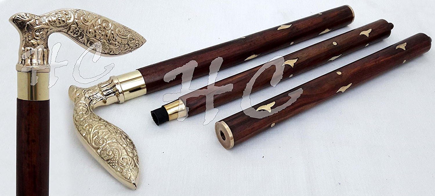 Bhartiya Handicrafts Natural Wood Three Fold Inlay Walking Stick Handle - 36 Inch Handcrafted Strong Sturdy Wooden Hiking Cane with Brass Handle - Ideal for Men or Women with Active Outdoor Lifestyle