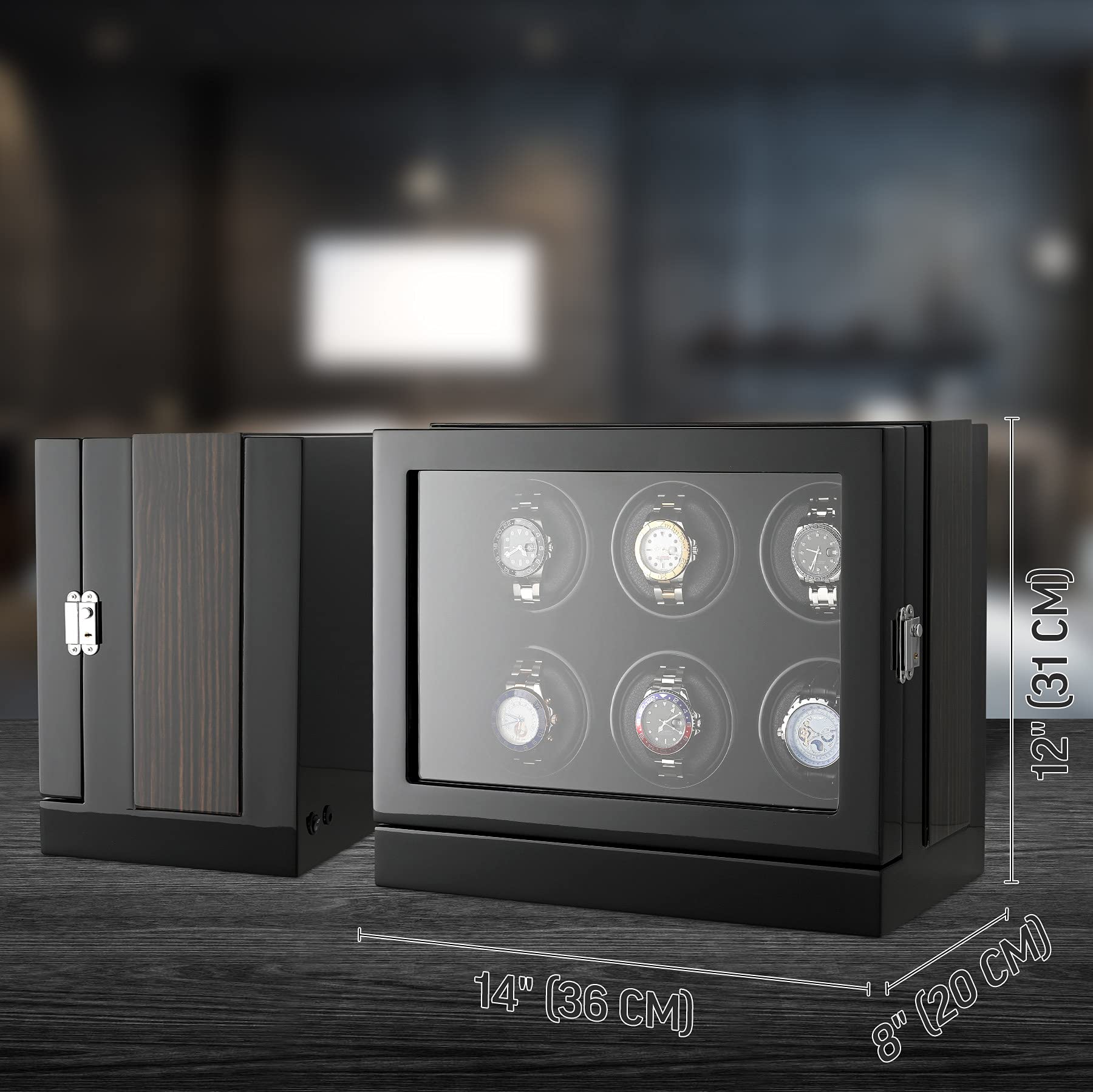 Watch Winder for 6 Watches with Customisable Winding Mode and LED Backlight (Black)