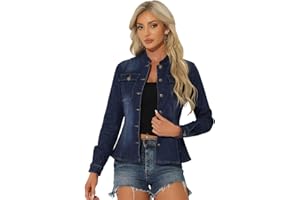 Allegra K Casual Denim Jacket for Women's Classic Stand Collar Long Sleeve Jean Jacket
