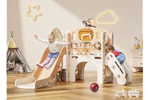 BIERUM 9 in 1 Toddler Slide, Baby Slide for Toddlers Age 1-3 with Ring Toss, Basketball Hoop and Telescope, Indoor Outdoor Playset Playground Beige Coffee