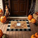 SEEKSEE Halloween Decor Outdoor Layered Doormat Set, Black White Buffalo Plaid Rug Coco Coir Door Mat for Front Door Non-Slip Doormat Set for Porch Outside Entrance Entryway Patio