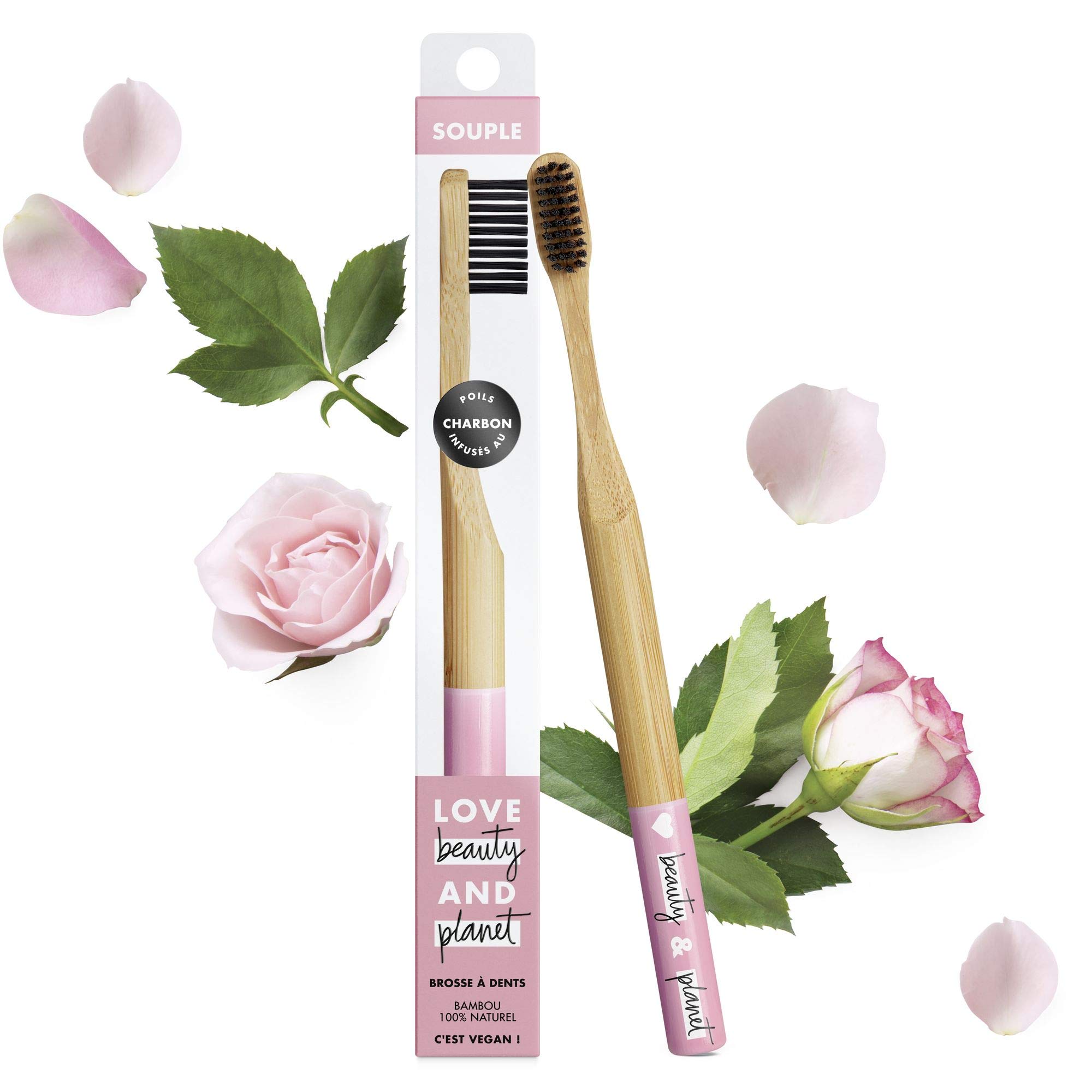 Love Beauty and Planet Manual Toothbrush Soft Vegan Handle, Natural Bamboo Handle, Charcoal Infused Bristles, Vegan Certified x 1