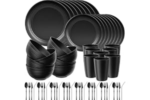 Quatish 64 Piece Plates and Bowls Sets for 8, Unbreakable Dinnerware Sets, Plastic Dish Set for Camping, Dishwasher Microwave Safe, Outdoor Kitchen and Apartment Dinning RV Essentials, Black
