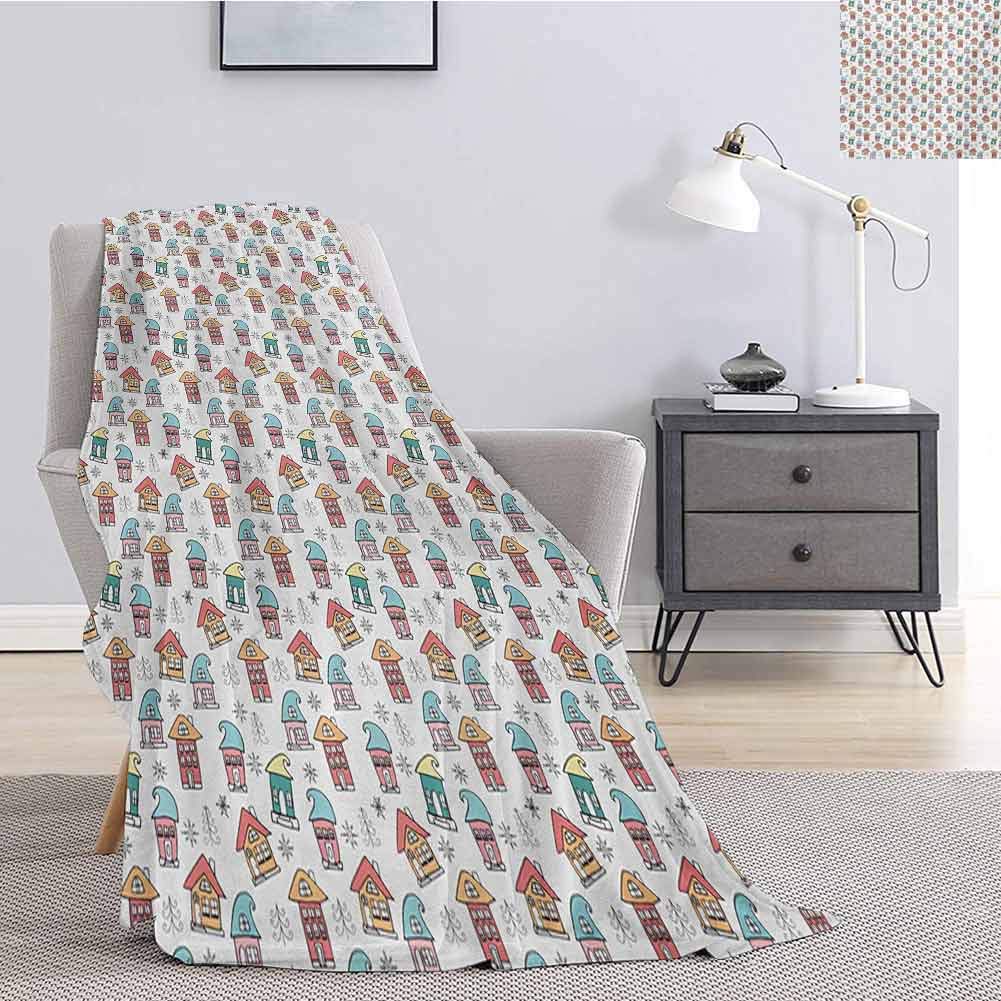Christmas Bedding Microfiber Blanket Cute Noel Themed Elf Houses with Hats Doodle Trees and Snowflakes Colorful Image Super Soft and Comfortable Luxury Bed Blanket W91 x L60 Inch Multicolor