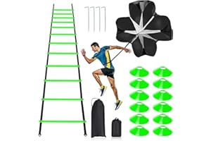 RAINMAE Pro Speed & Agility Training Set—Includes 12 Rung 20ft Adjustable Agility Ladder with Carrying Bag, 12 Disc Cones, 4 Steel Stakes, 1 Resistance Parachute, Use Equipment to Improve Footwork Any Sport