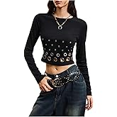 BEAUDRM Women's Grommet Eyelet Tees Y2k Grunge Punk Crew Neck Long Sleeve Knitted Crop Tops