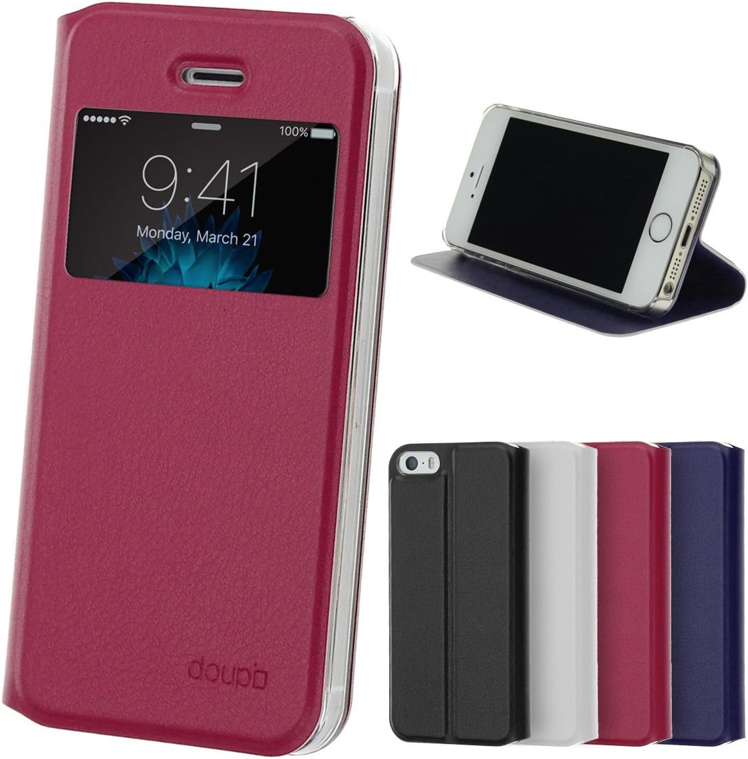 doupi Flip Cover for iPhone 5 5S SE, with Viewing Window Magnet Protective Flip Case BookStyle Screen Protector Stand, red pink