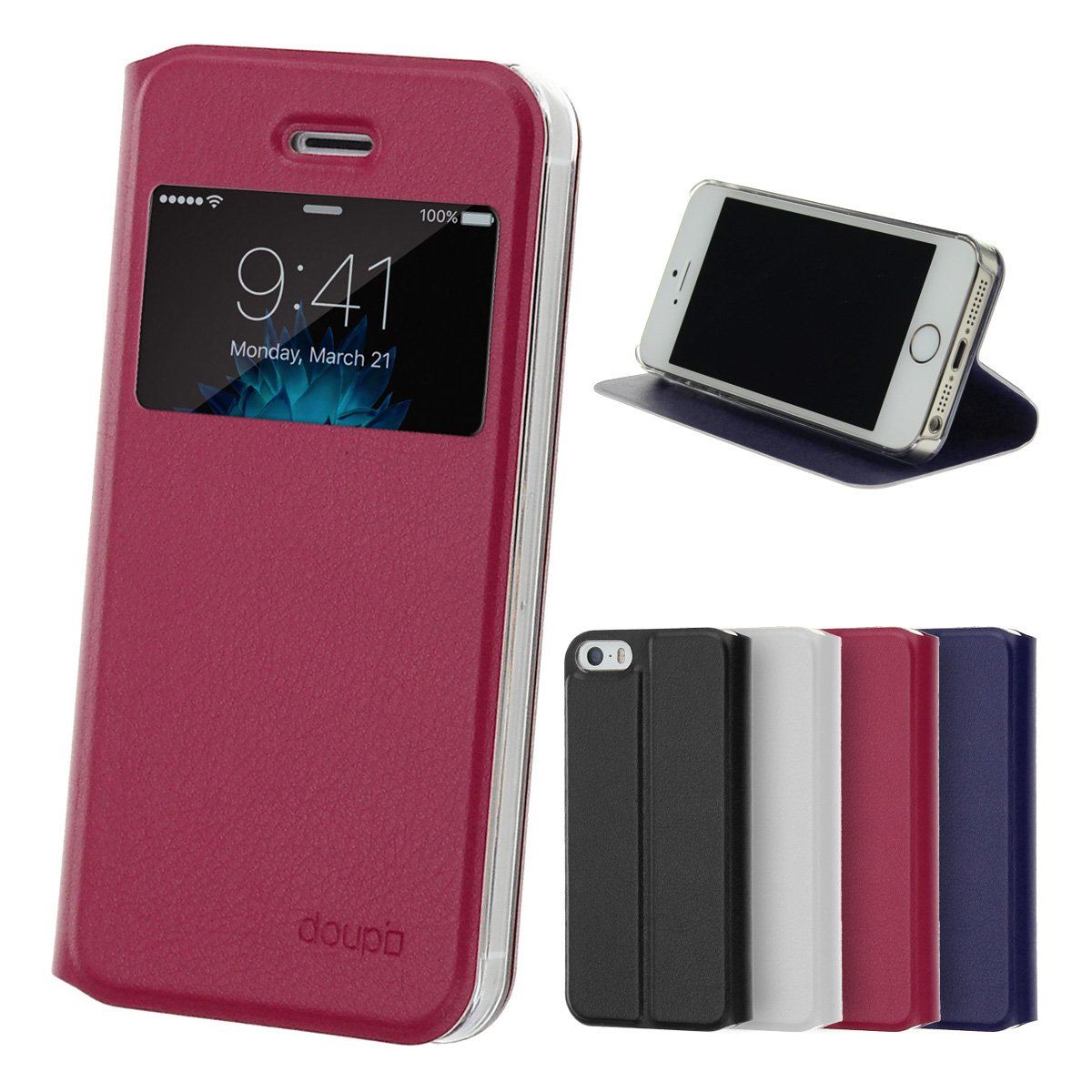doupi Flip Cover for iPhone 5 5S SE, with Viewing Window Magnet Protective Flip Case BookStyle Screen Protector Stand, red pink