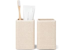 INIUNIK Toothbrush Holders for Bathrooms, 2PCS Resin Bathroom Toothbrush Holder Set Tooth Brushing Holder, Cute Toothbrush Cup Organizer Tumbler for Bathroom Vanity Countertop, Beige