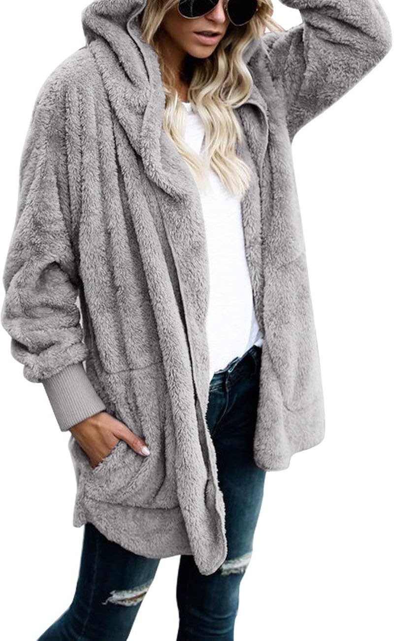 ThusFar Women Fuzzy Fleece Jacket Open Front Hooded Cardigan Coat Outwear Pockets at  Women’s Clothing store