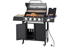 GIODIR 4-Burners Propane Gas Grill with Side Burner, 50,000 BTU Outdoor BBQ Grill, Cast Iron Cooking Grate with Wheels for Outdoor Patio Garden