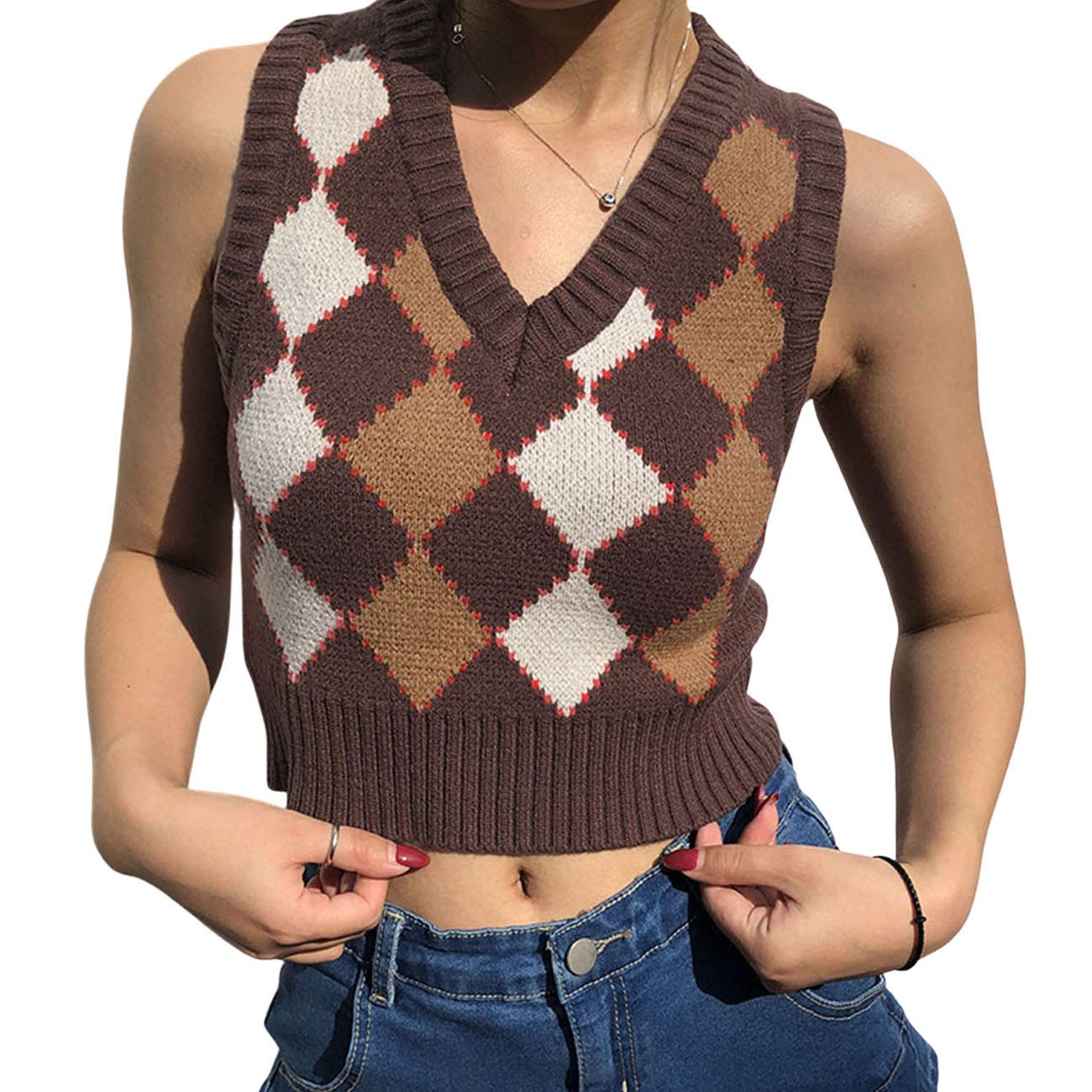 Women Knitted Streetwear Preppy Style Knitwear Tank Top V Neck Argyle Plaid Sweater Vest