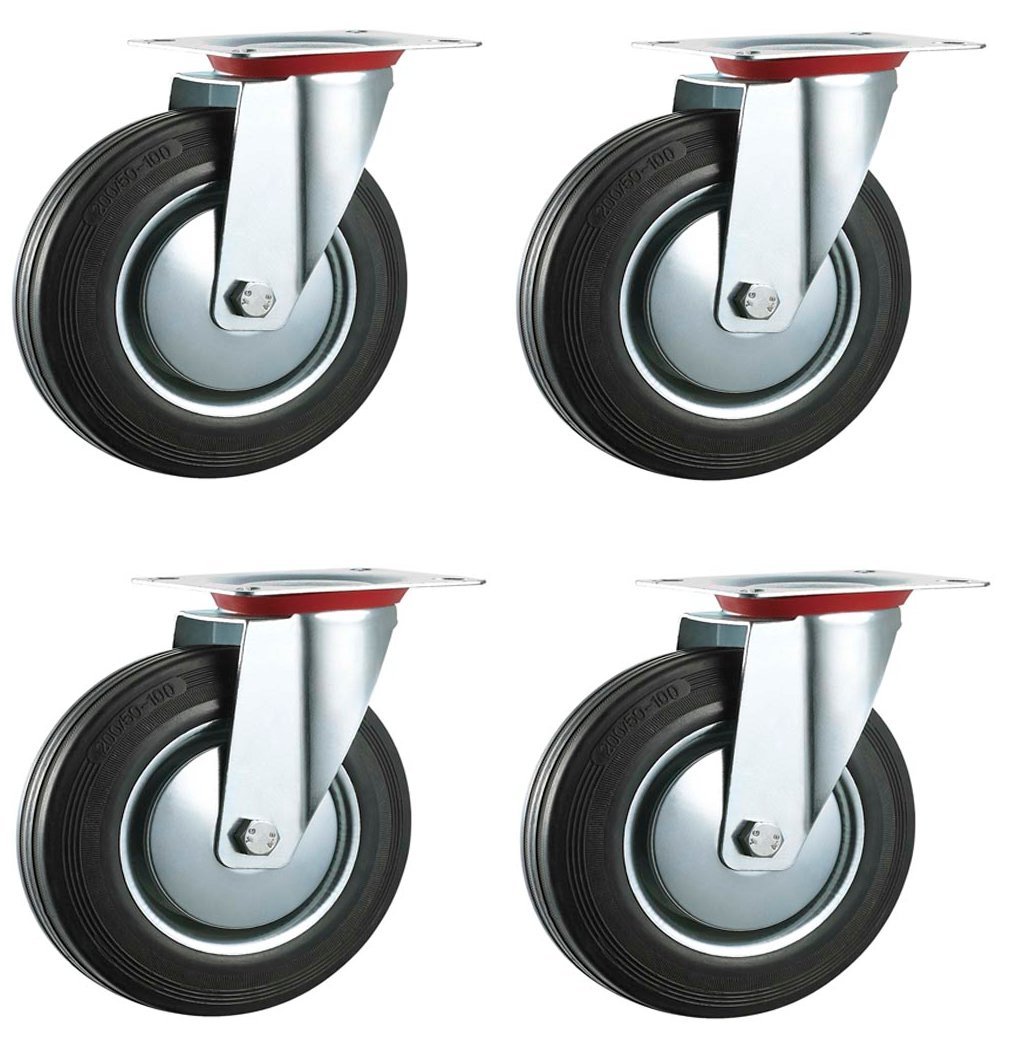 125mm Black Rubber Industrial Castors - Top Plate Fixing - Heavy Duty Casters Wheels by Bulldog Castors - Max 440Kg Per Set