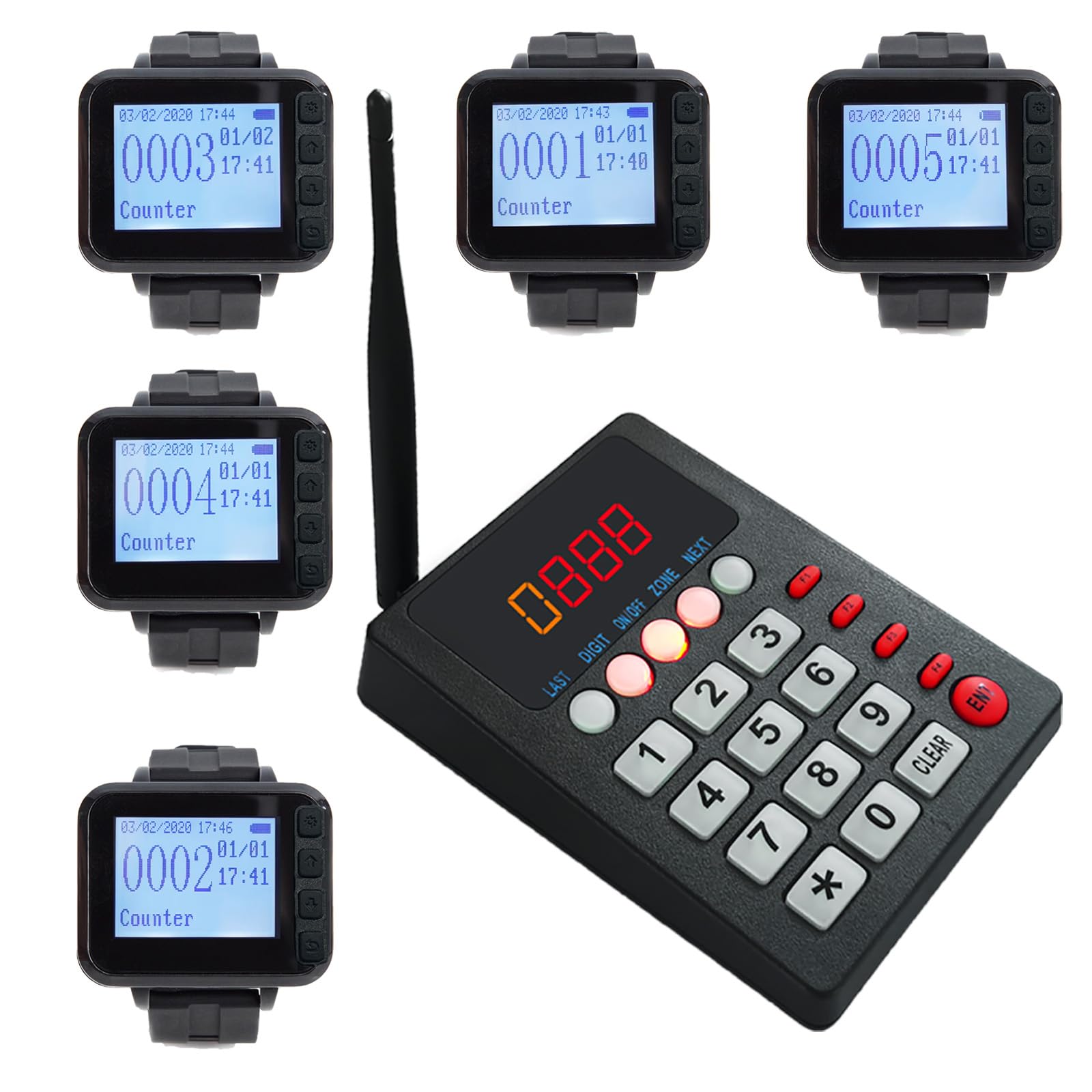 Restaurant Pager System with 1 Call Keypad and 5 Watch Display Receiver,Wireless Calling System，Suitable for Kitchen Paging Waiter, Cook Press to Call Waiter to Take Dishes
