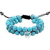 Uloveido Adjustable Braided Macrame Double Layer Bracelets - Black Lava Rock Turquoise Stone Beads Charm Musard Seed Bracelet for Men Women Y2056