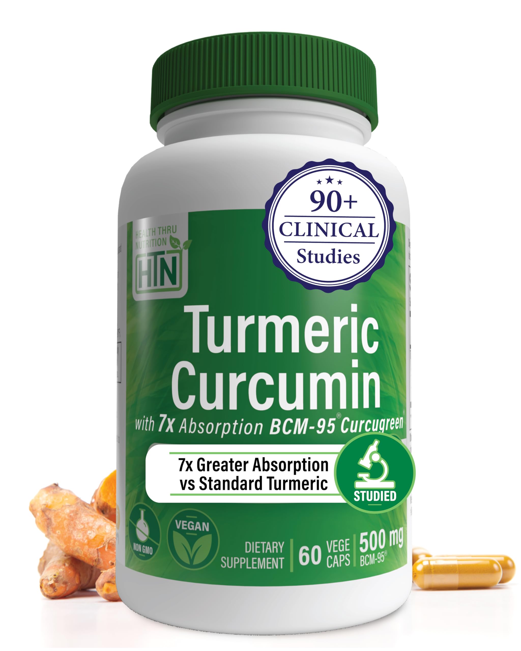 Turmeric Curcumin Complex 500mg | as BCM-95 Curcugreen Clinically Studied | Vegan Certified | (Non-GMO and Hypoallergenic | by Health Thru Nutrition (Pack of 60)