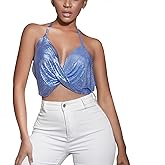 Women Metal Tank Top Sexy Sequin Halter Crop Top Deep V Neck Backless Metalic Chain Vest Glitter Sleeveless Camisole for Nightclub Party Casual Clubwear Blue