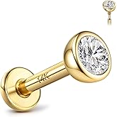 GEMQUEEN 14K Solid Gold Flat Back Earring Hypoallergenic - 18G Cartilage Tragus Conch Helix Piercing Jewelry Extended Internal Thread Labret Lip Nose Stud for Women Men Simulated Diamond CZ 2/3mm