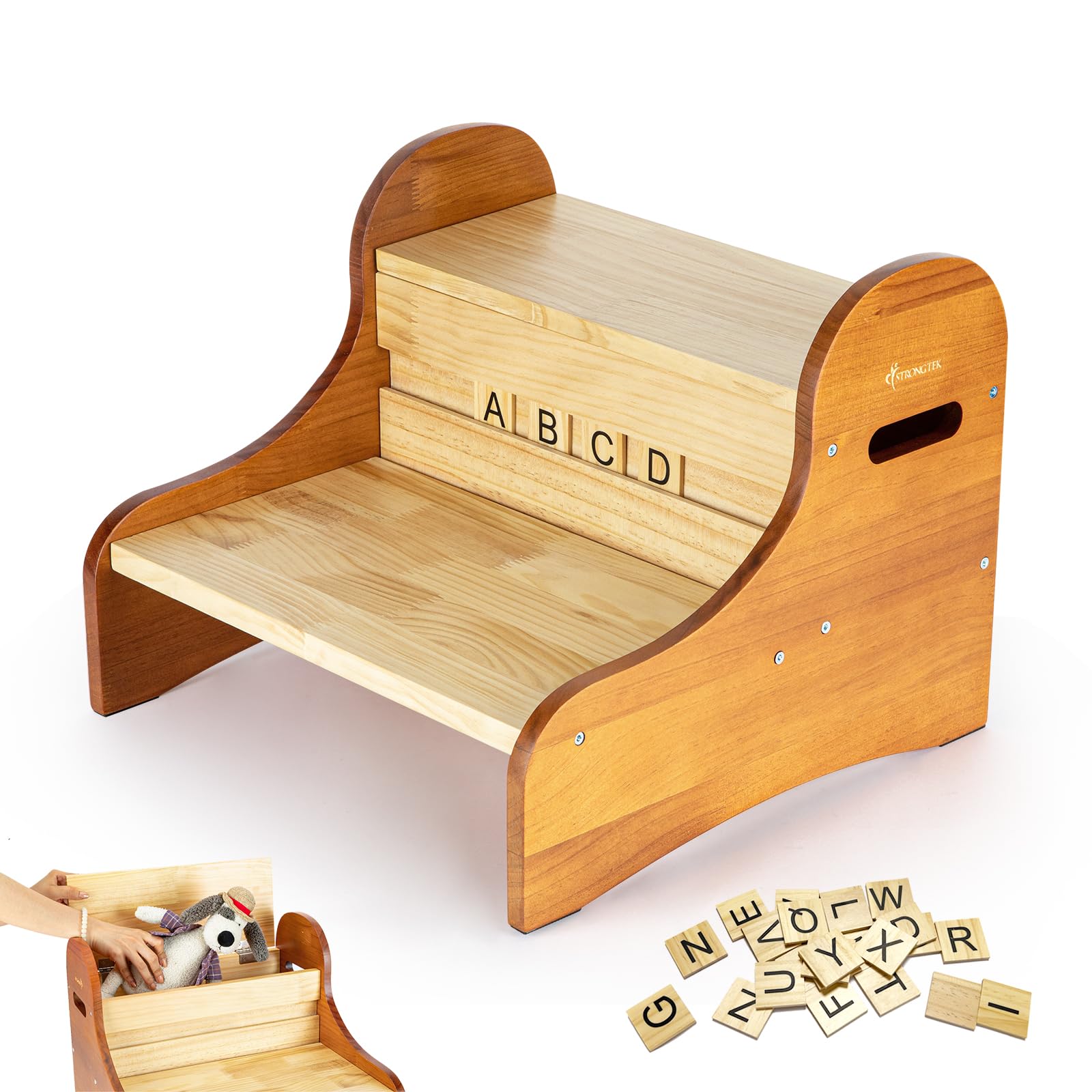 Photo 1 of StrongTek Toddler Step Stool with 28 Alphabet Blocks – 2-Step Wooden Stool with Storage, Non-Slip, DIY Name & Drawing on Block Backs for Kids, Ideal for Bathroom, Kitchen & Bedside