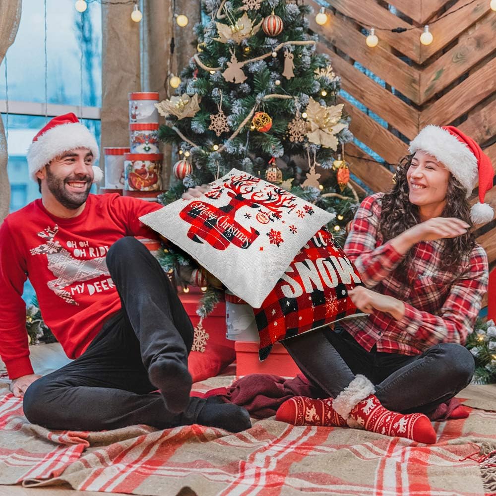 HAJACK Christmas Pillow Covers, 18x18” Throw Pillow Cases Set of 4 for Christmas Decor, Red Plaid Truck & Farmhouse & Deer Pattern and Soft Linen Fabric, Great Decorations and Best Gift for Christmas: Home & Kitchen