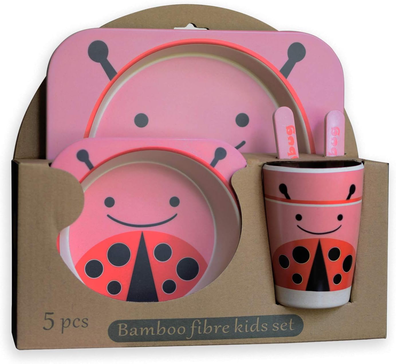 EXULTIMATE Kids Bamboo Dinnerware Plate Set of 5 (Pink - Ladybug)