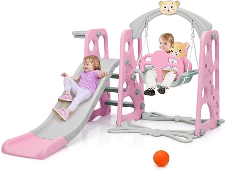 Costway Toboggan Pour Enfants Grand Aire De Jeux 3 En 1 Avec Toboggan Portique Balancoire Panier De Basketball Escalade Pour Enfants Ideal Pour Jouer Exterieur Interieur Rose Gris Amazon Fr Jeux Et Jouets