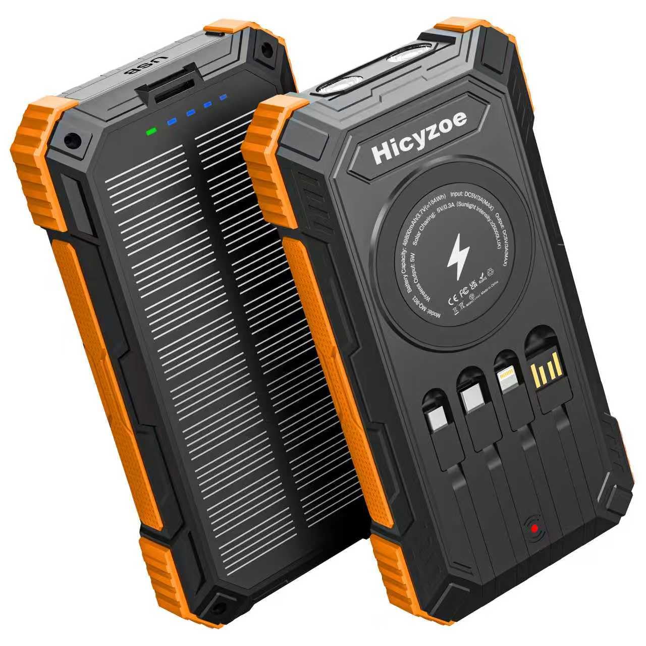 Hicyzoe Solar Charger Power Bank, 49800mAh Wireless Portable Phone Charger, 15W QC3.0 Fast Charging External Battery Pack with 4 Built-in Cables, USB-C in/Output, with Dual Flashlights for Outdoor