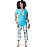 HUE Printed Knit Short Sleeve Tee and Capri 2 Piece Pajama Set Sleepwear