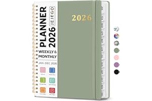 JEJEGO 2026 Planner, Weekly and Monthly Calendar Planner Book, January 2026 - December 2026, Hardcover Spiral Planner with Monthly Tabs, Notes Pages, Perfect for Women & Men, A5 (6.4" x 8.5") - Green