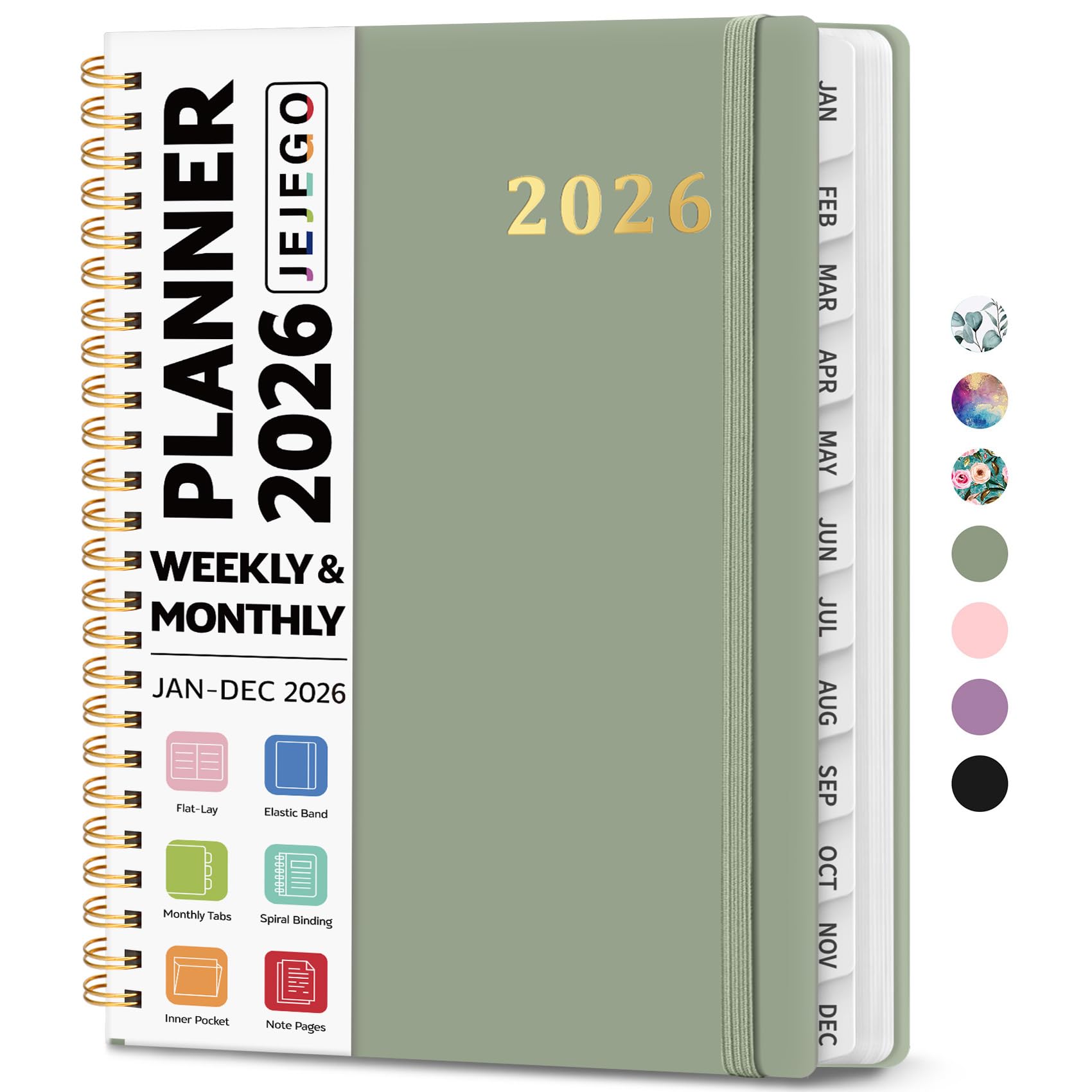 Photo 1 of 2026 Planner, Weekly and Monthly Calendar Planner Book, January 2026 - December 2026, Hardcover Spiral Planner with Monthly Tabs, Notes Pages, Perfect for Women & Men, A5 (6.4" x 8.5") - Green