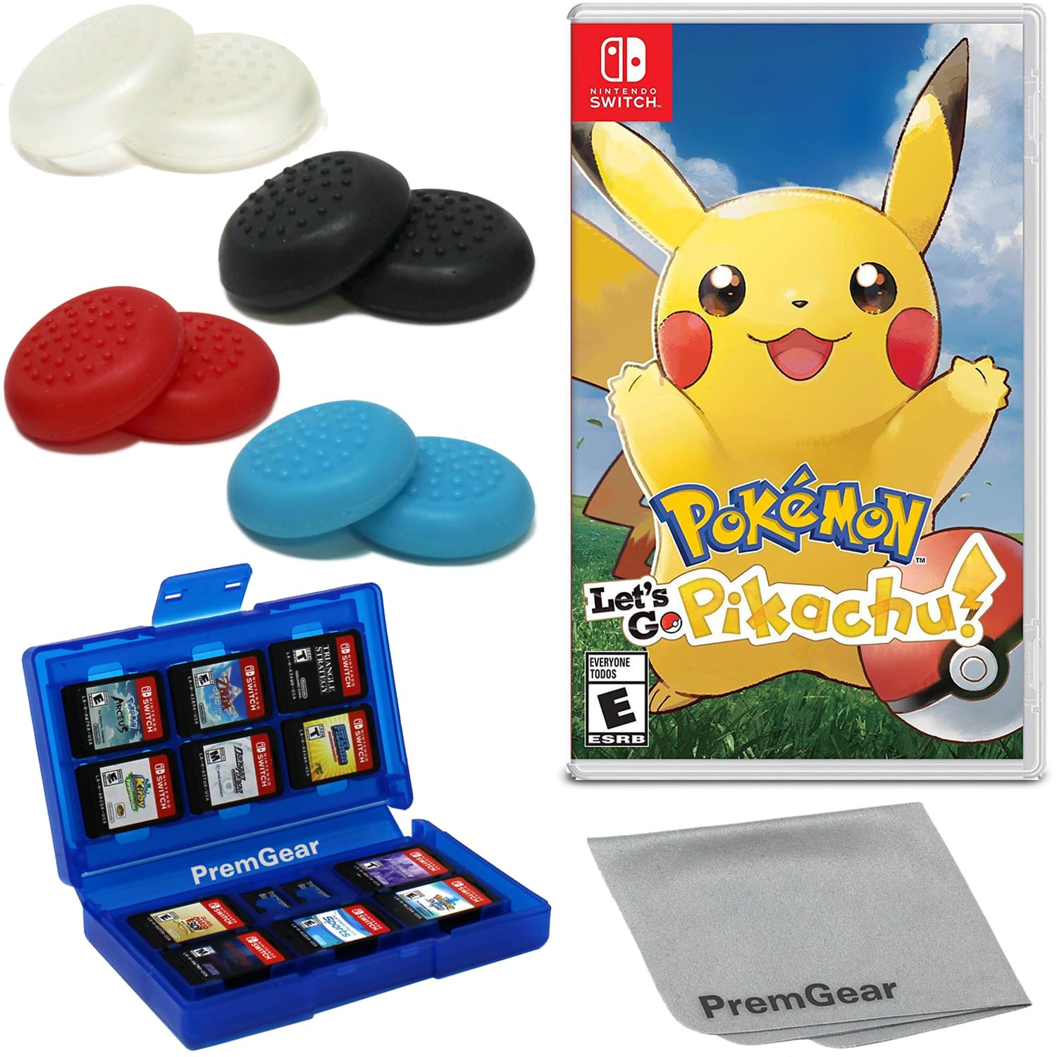 Pokémon: Let's Go, Pikachu! for Nintendo Switch (US Version), with PremGear Thumb Grips (8 pack - Black, Blue, Red & Clear), 24 Slot Game Card Holder & Cleaning Cloth