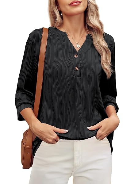 TANKANEO WOMENS 3/4 SLEEVE TUNIC TOPS LOOSE FIT DRESSY CASUAL V NECK TEXTURED SHIRTS BLACK, SMALL