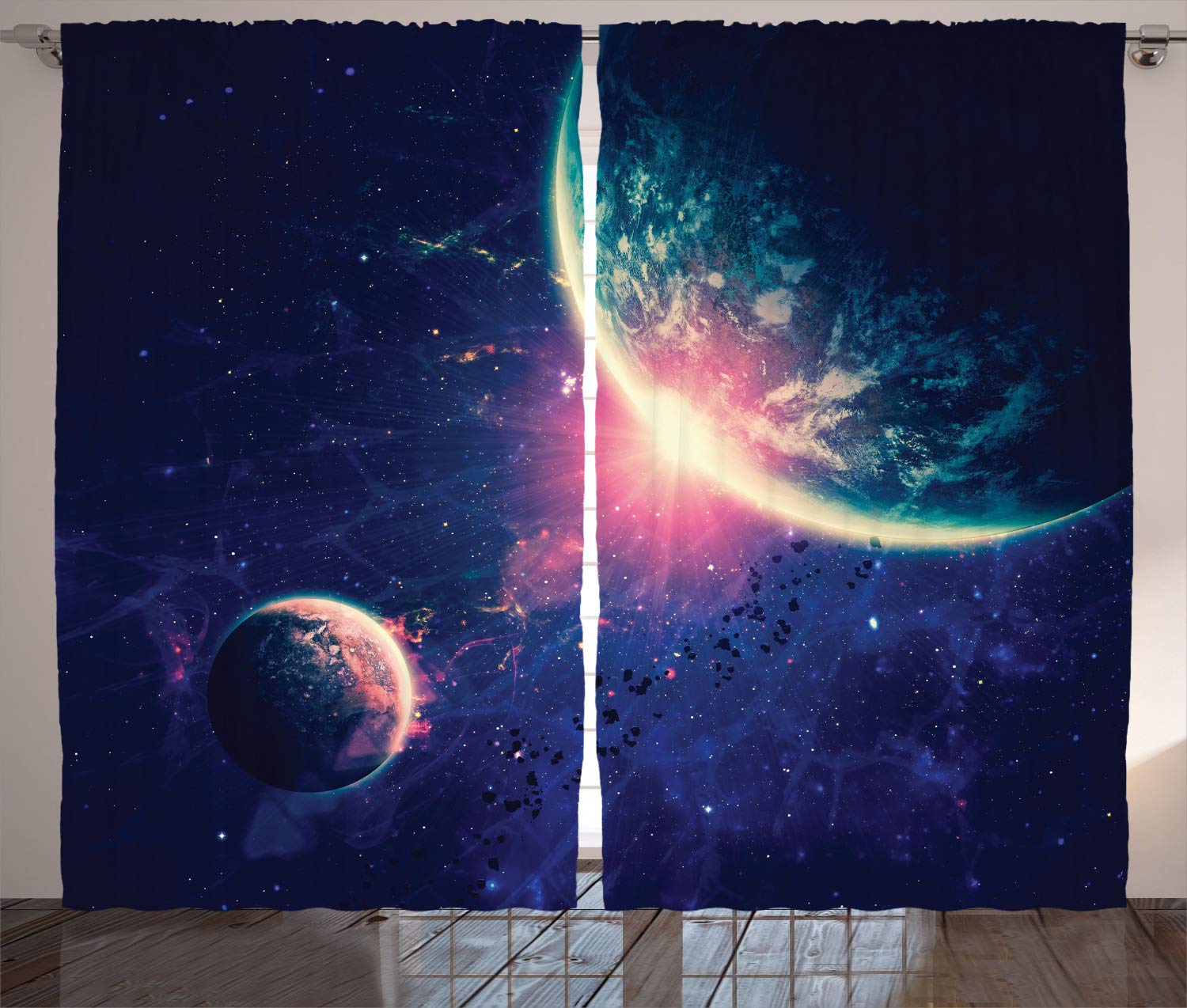ABAKUHAUS Galaxy Curtains, Outer Space Theme Planet Earth Mars in Space Discovery of Universe Astronomy Art, Living Room Bedroom Window Drapes 2 Panel Set, 280 x 260 cm, Navy Blue Pink