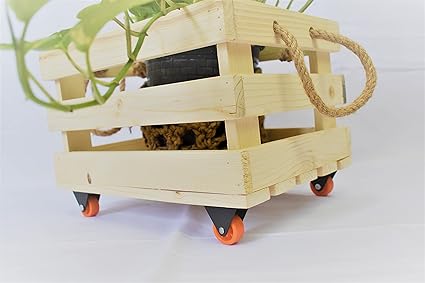Neverwaste | Pine Wood Wheel Basket | Wheel Crate Ideal for Plants | Planter | Storage Basket |Toys Basket | Size: 12*9*7 Inches