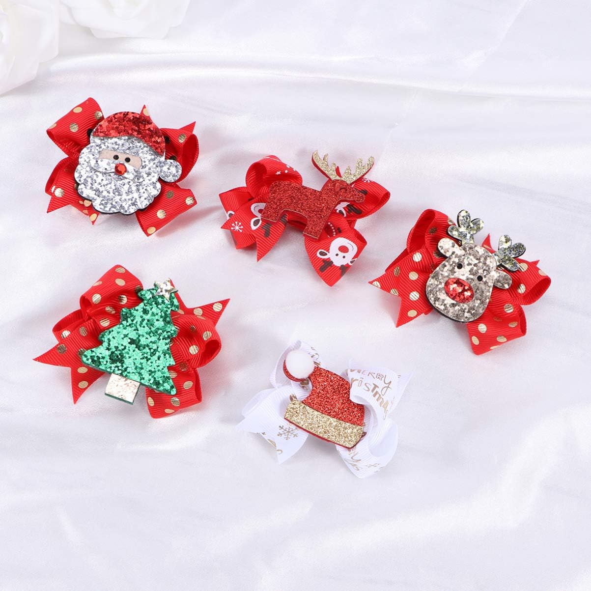 Lurrose Christmas Bow Hair Clip Elk Hairpin Sequin Hair Bow Grosgrain Clip for Girls Children Christmas Party Festival Hair Decor,5pcs - Image 4