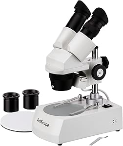 AmScope SE306-PZ Binocular Stereo Microscope, WF10x and WF20x Eyepieces, 20X/40X/80X Magnification, 2X and 4X Objectives, Upper and Lower Halogen Lighting, Reversible Black/White Stage Plate, Pillar Stand, 120V